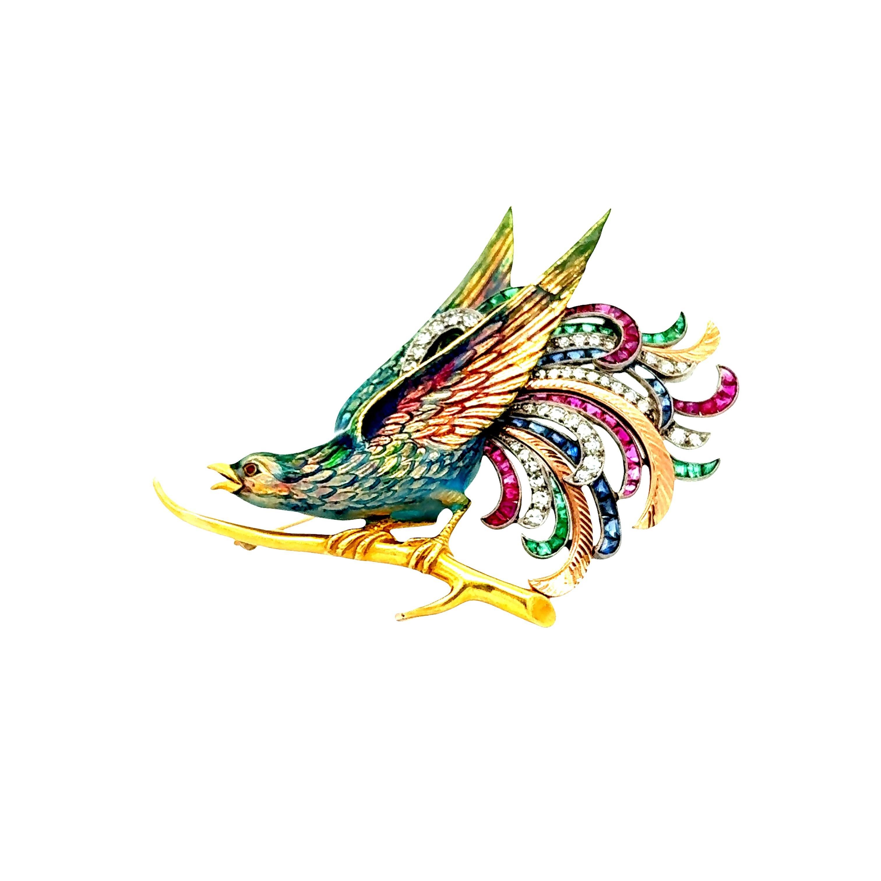 Rétro Retro Ruby Sapphire Diamond Emerald Enamel 18k Yellow Gold & Platinum Bird Brooc en vente