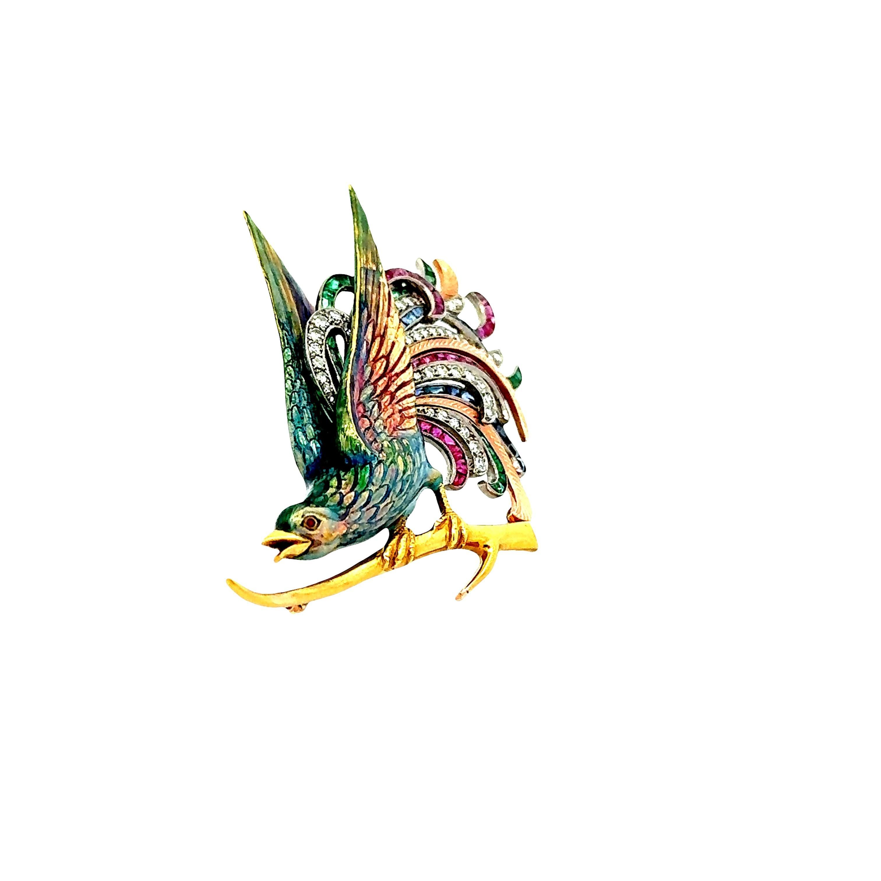 Taille carrée Retro Ruby Sapphire Diamond Emerald Enamel 18k Yellow Gold & Platinum Bird Brooc en vente