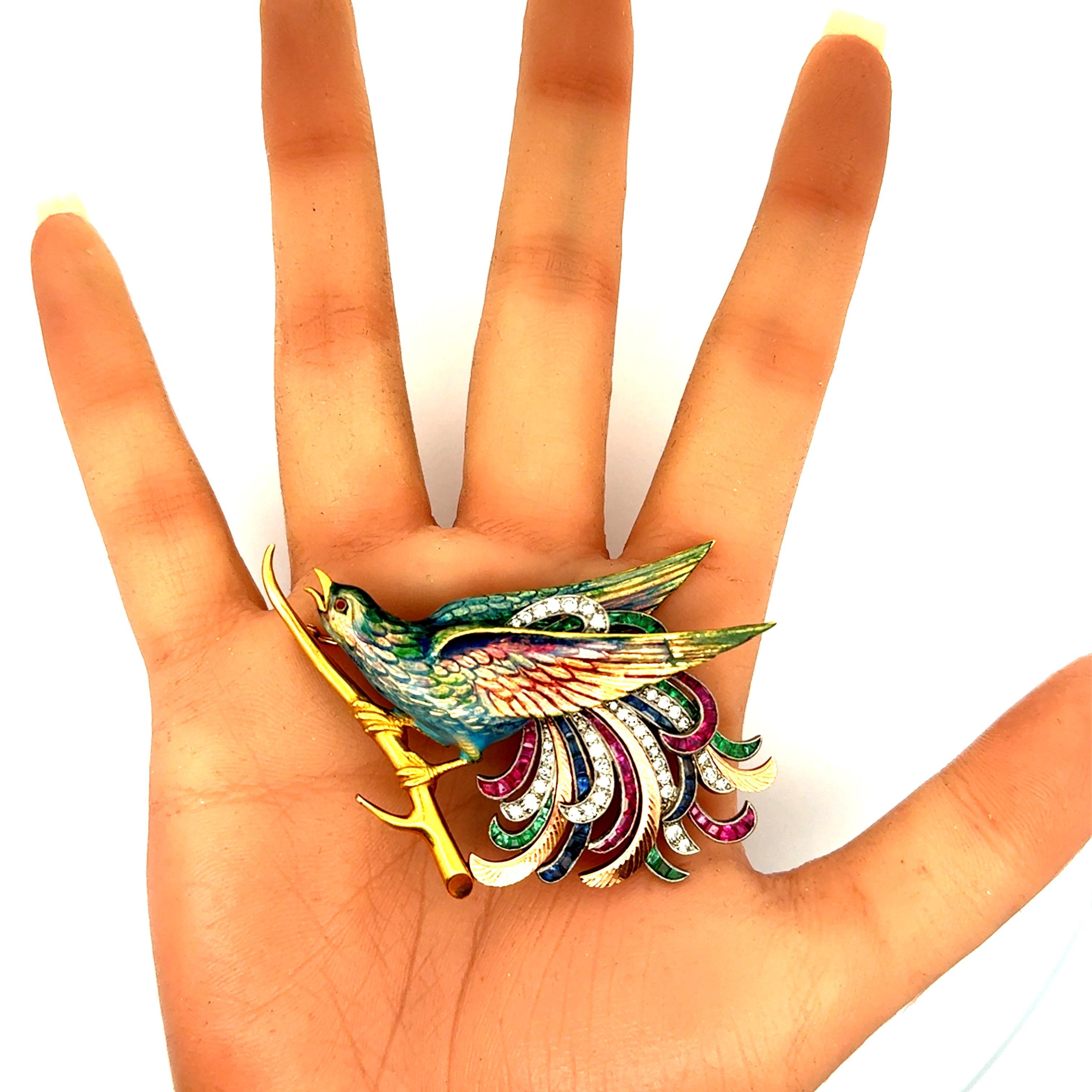 Retro Ruby Sapphire Diamond Emerald Enamel 18k Yellow Gold & Platinum Bird Brooc Pour femmes en vente