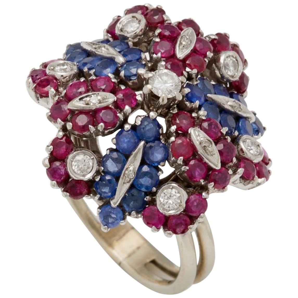 Retro Ruby, Sapphire, Diamond Flower Ring For Sale