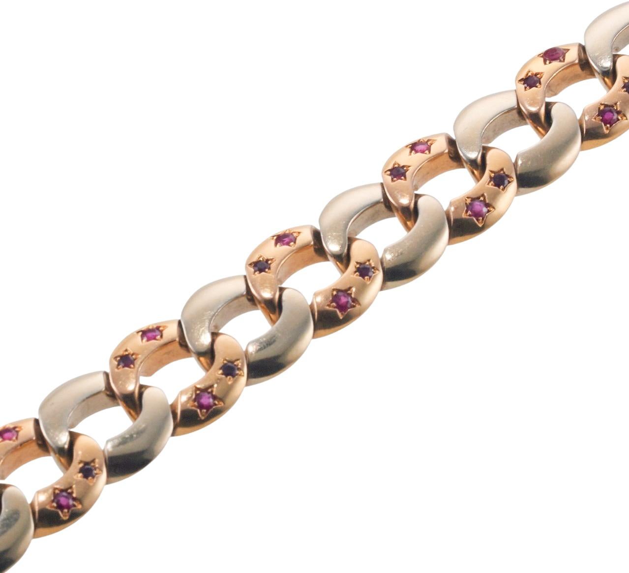 Round Cut Retro Ruby Two Color Gold Curb Link Bracelet For Sale