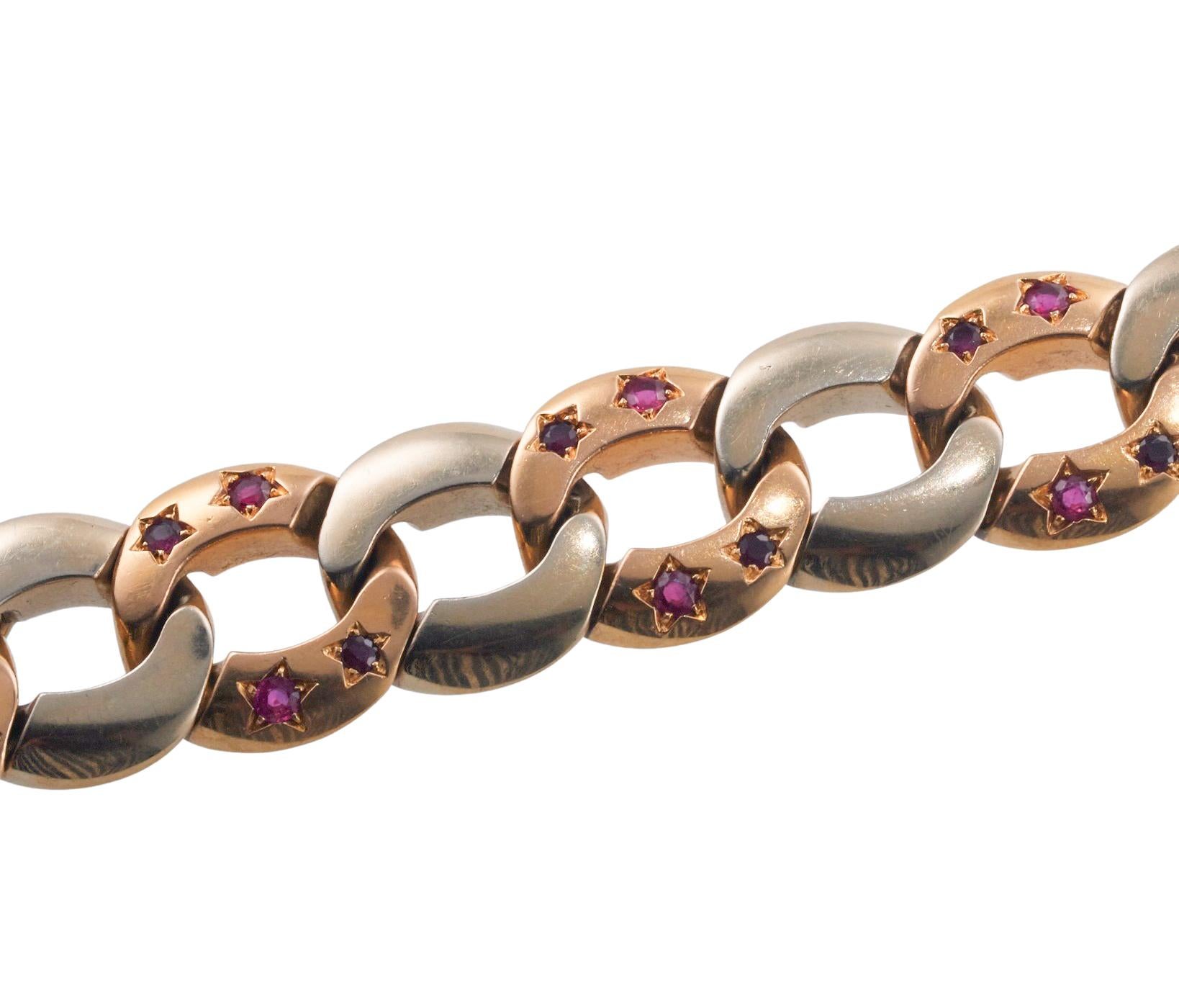 Retro Ruby Two Color Gold Curb Link Bracelet In Excellent Condition For Sale In New York, NY