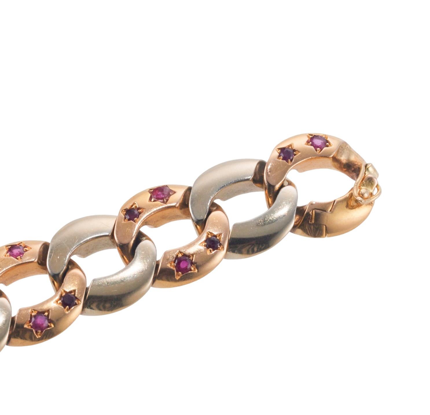 Women's or Men's Retro Ruby Two Color Gold Curb Link Bracelet For Sale
