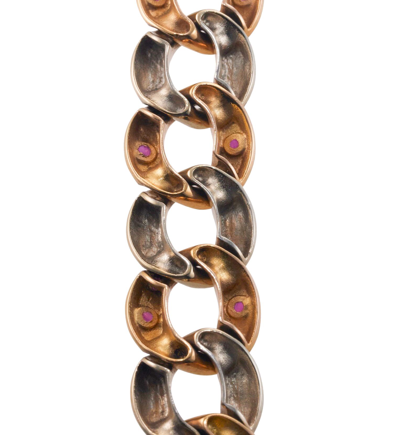 Retro Ruby Two Color Gold Curb Link Bracelet For Sale 1