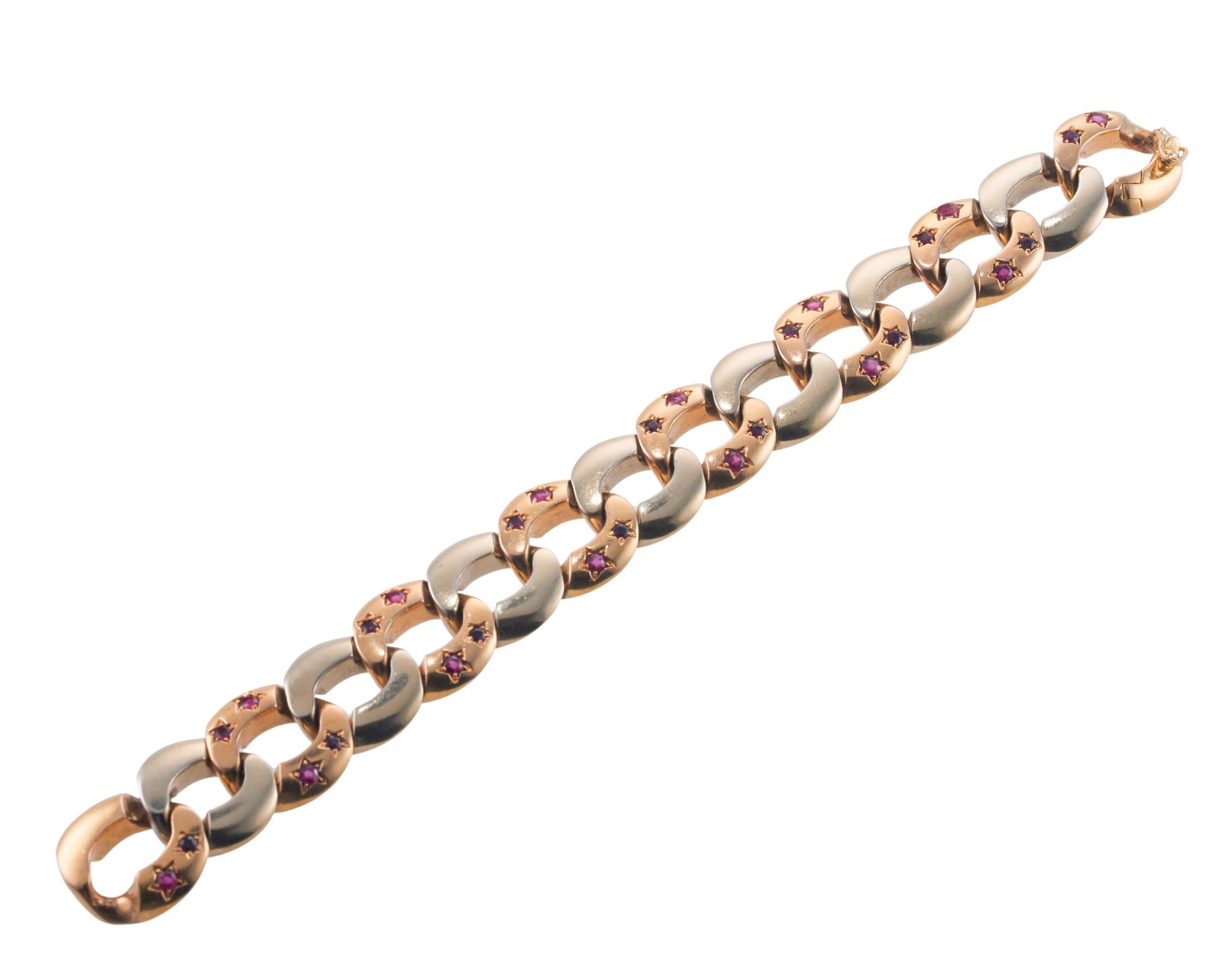 Retro Ruby Two Color Gold Curb Link Bracelet en vente