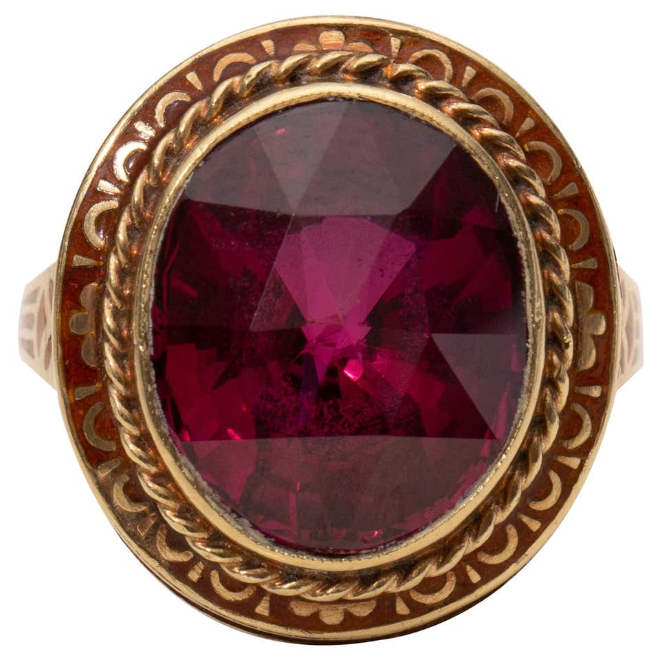Retro Ruby Yellow Gold Ring Detailed Enamel Inlay with Etched Gallery ...