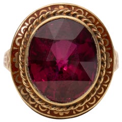 Retro Ruby Yellow Gold Ring Detailed Enamel Inlay with Etched Gallery Retro Ruby Yellow Gold Ring Detailed Enamel Inlay with Etched Gallery