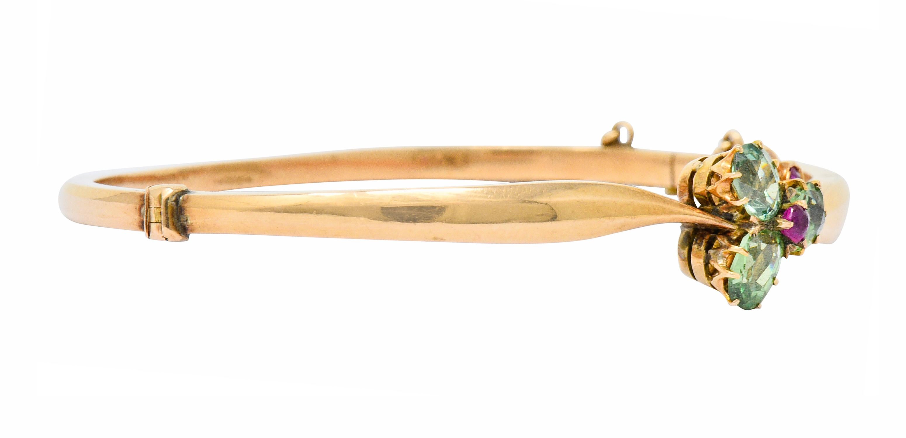 Oval Cut Retro Russian Demantoid Garnet Ruby 14 Karat Gold Bangle Bracelet