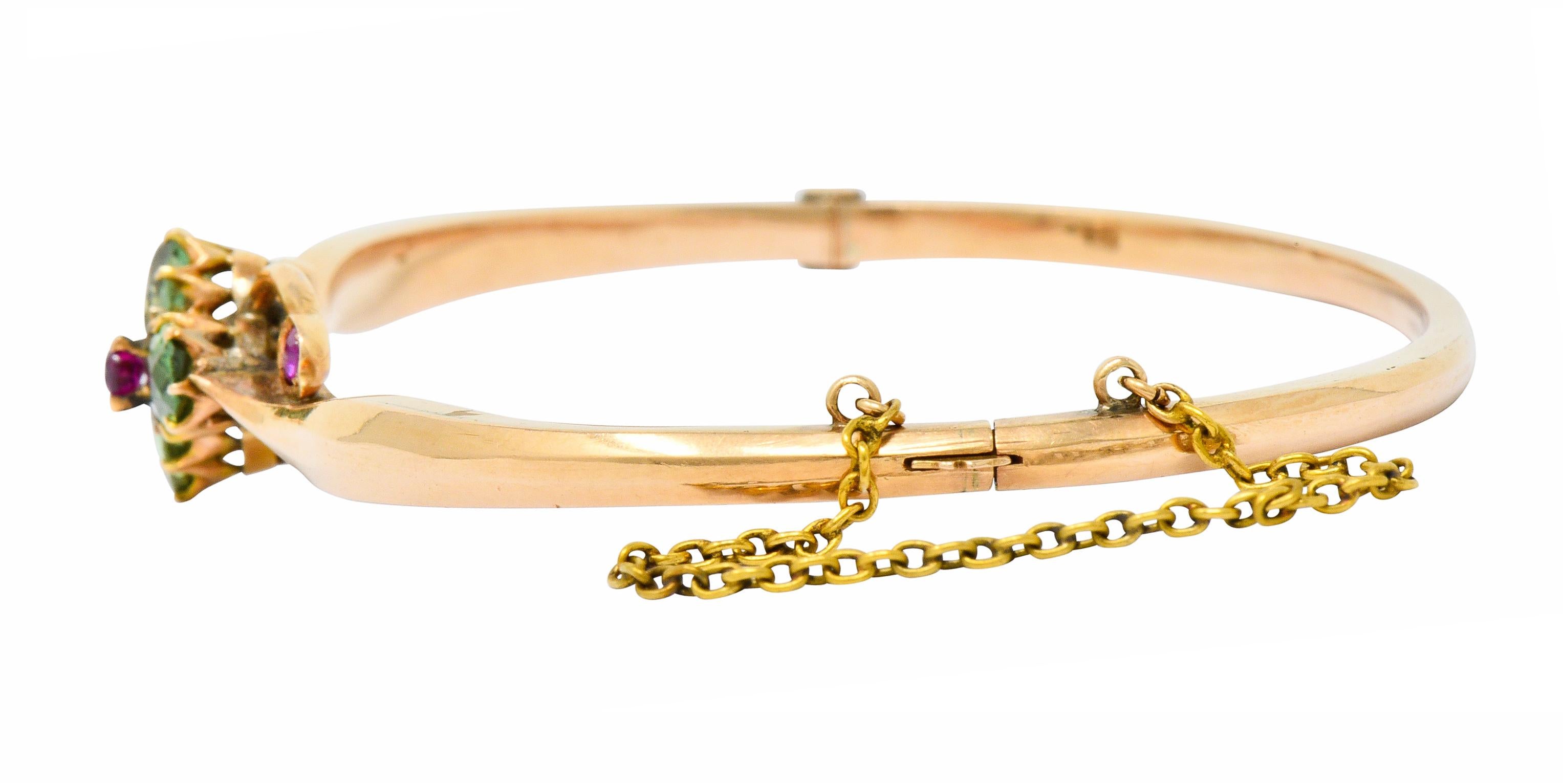 Women's or Men's Retro Russian Demantoid Garnet Ruby 14 Karat Gold Bangle Bracelet