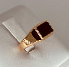 Retro Russian Gold Mne's Onyx Signet Ring 14k Rose Gold, Circa 1950s