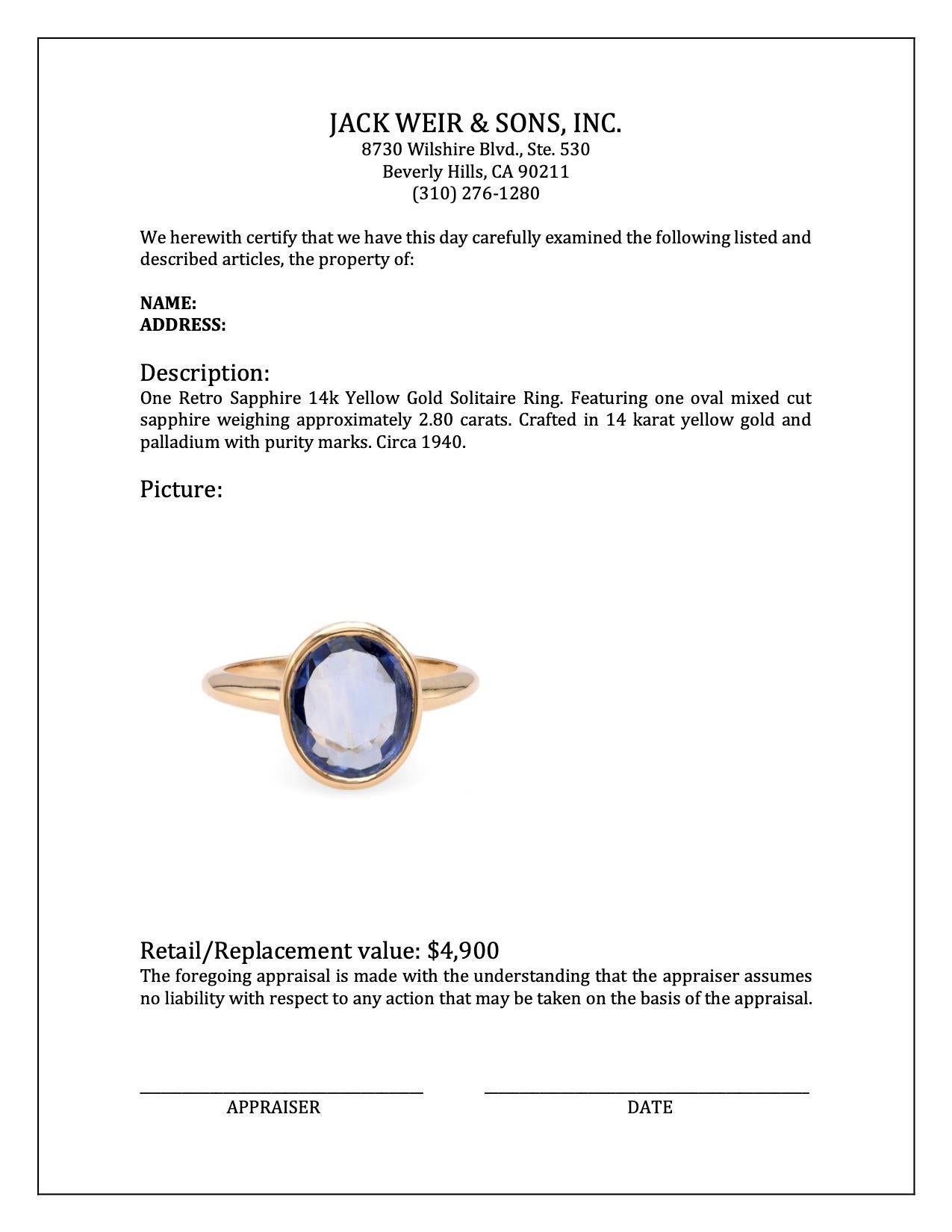 Retro Sapphire 14k Yellow Gold Solitaire Ring For Sale 1
