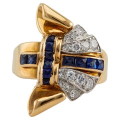 Retro Sapphire and Diamond 14k Yellow Gold Platinum Ring
