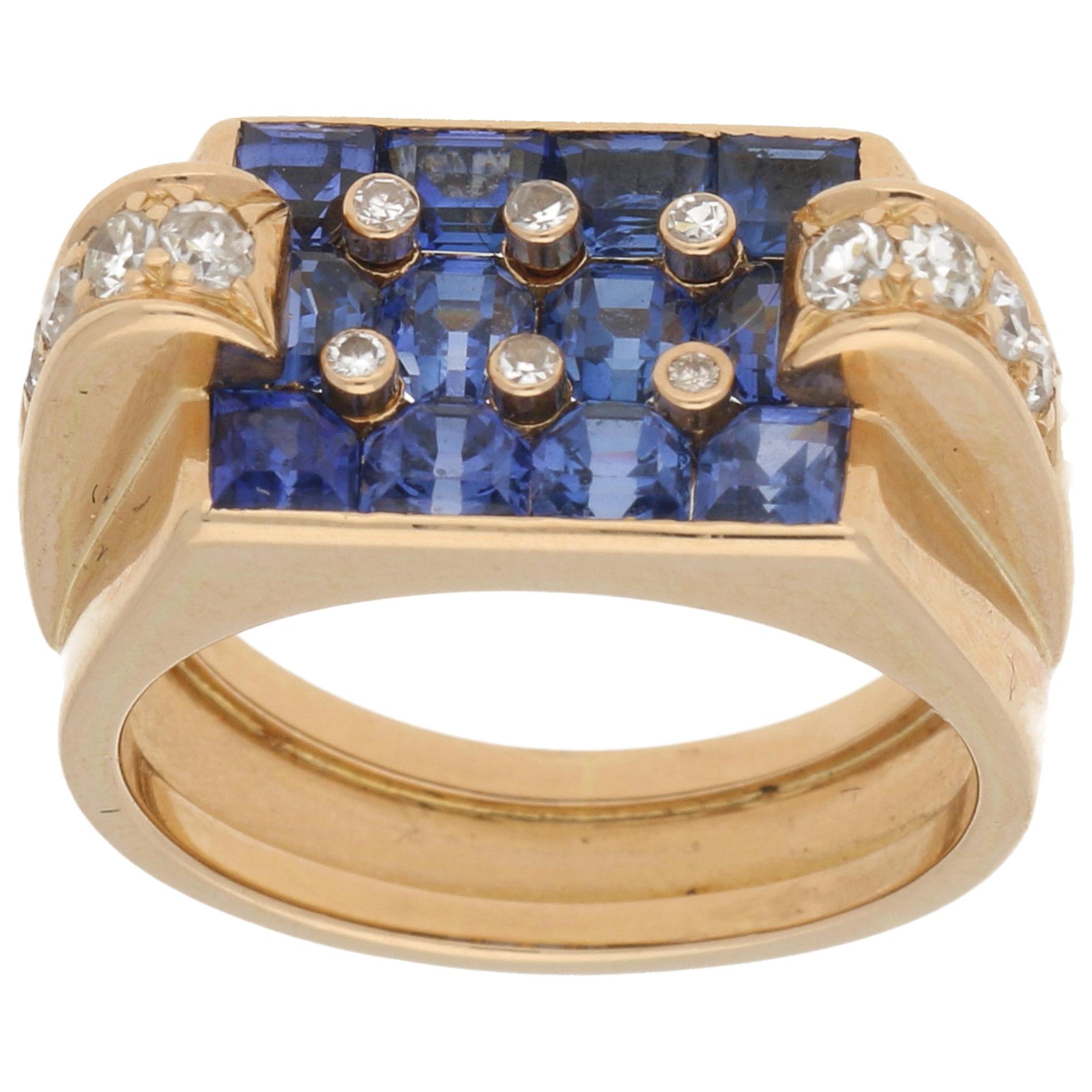 Sapphire and Diamond Cocktail Ring Set in 18k Rose Gold, circa 1940 For Sale