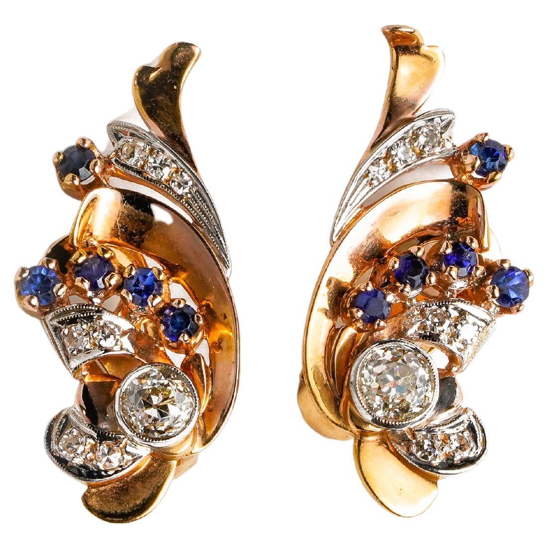 Retro Sapphire and Diamond Earrings For Sale
