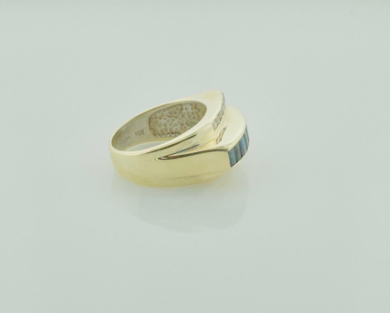 Baguette Cut Retro Sapphire and Diamond Ring in Yellow Gold For Sale