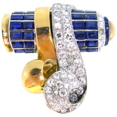 Retro Sapphire and Diamonds Yellow Gold Platinum Clip Brooch