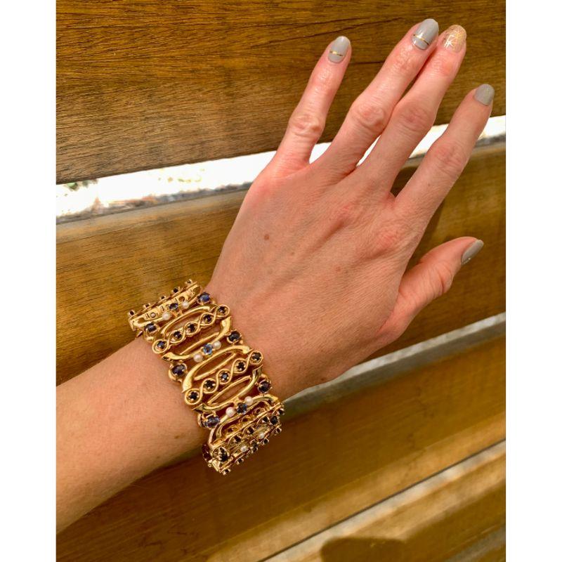 Retro-Armband aus 14K Gelbgold mit Saphiren und Perlen, ca. 1940er Jahre (Brillantschliff) im Angebot