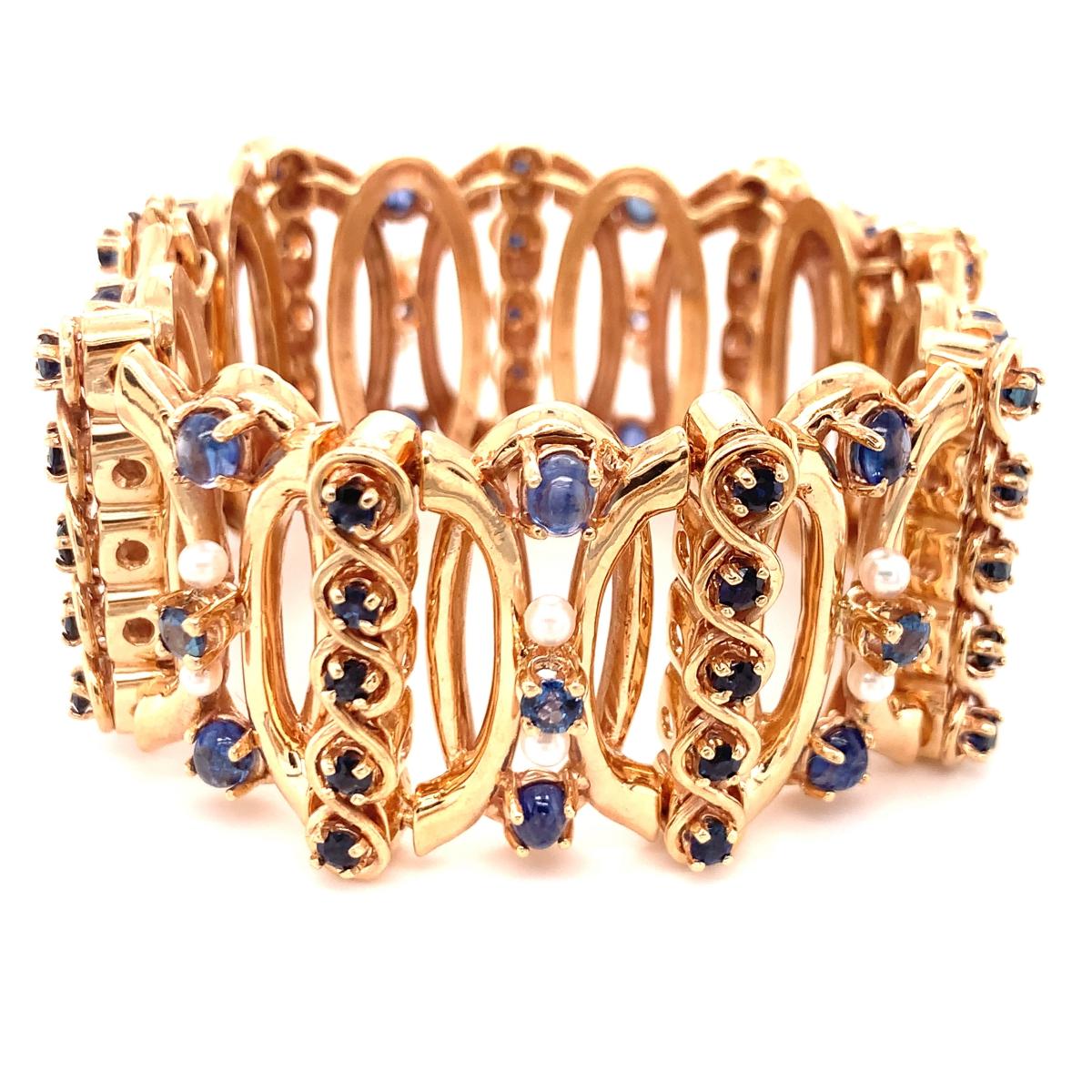 Retro-Armband aus 14K Gelbgold mit Saphiren und Perlen, ca. 1940er Jahre im Zustand „Gut“ im Angebot in Beverly Hills, CA