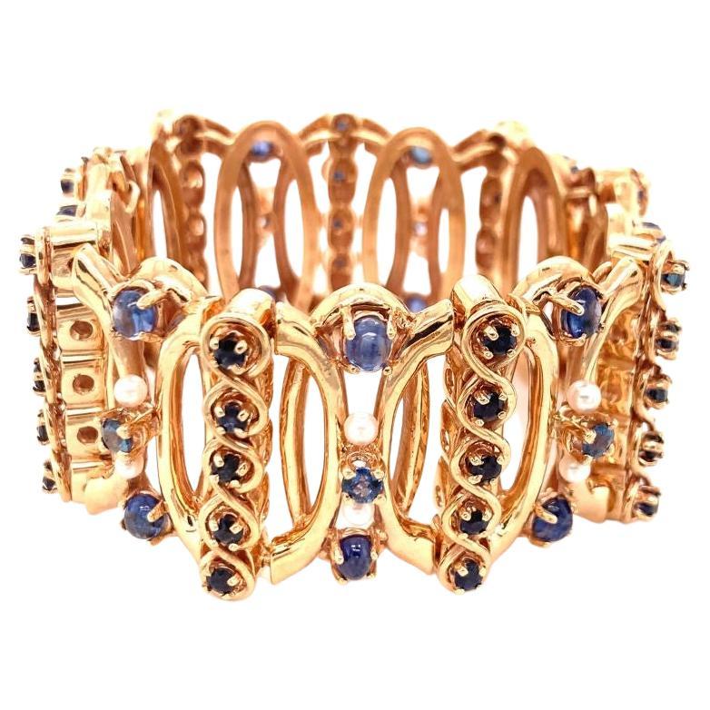 Bracelet rétro en or jaune 14 carats avec saphirs et perles, c. 1940
