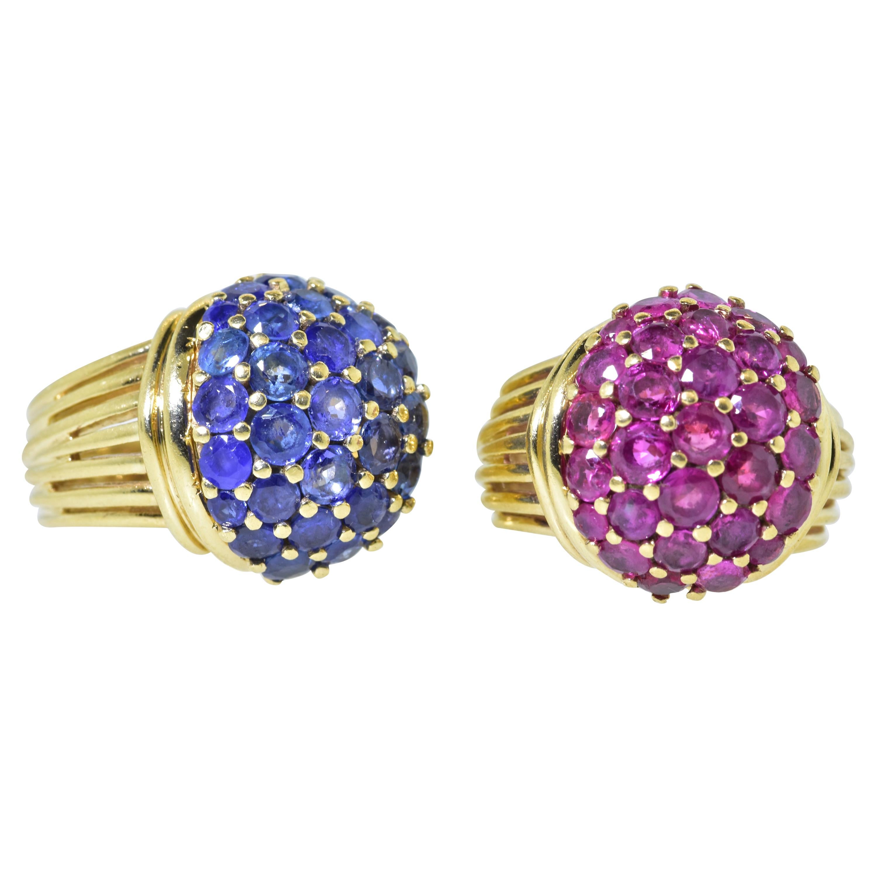 Retro Sapphire and Rubies Dome Style Vintage Yellow Gold Rings, circa 1955, Pair
