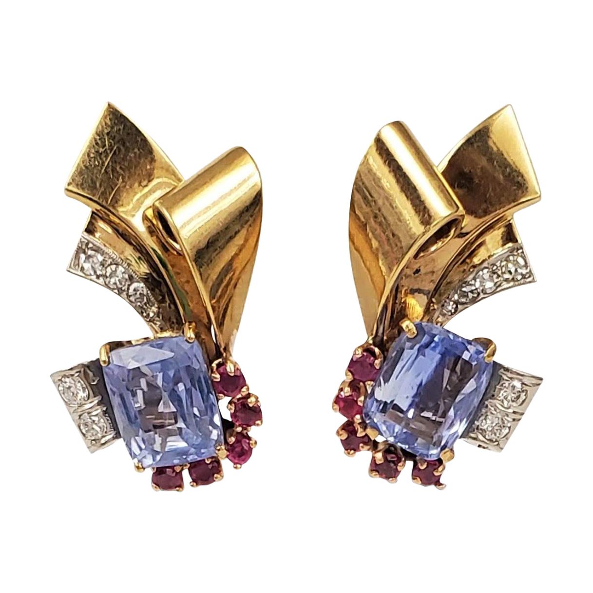 Retro Sapphire and Ruby Scroll Earrings