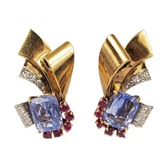 Retro Sapphire and Ruby Scroll Earrings