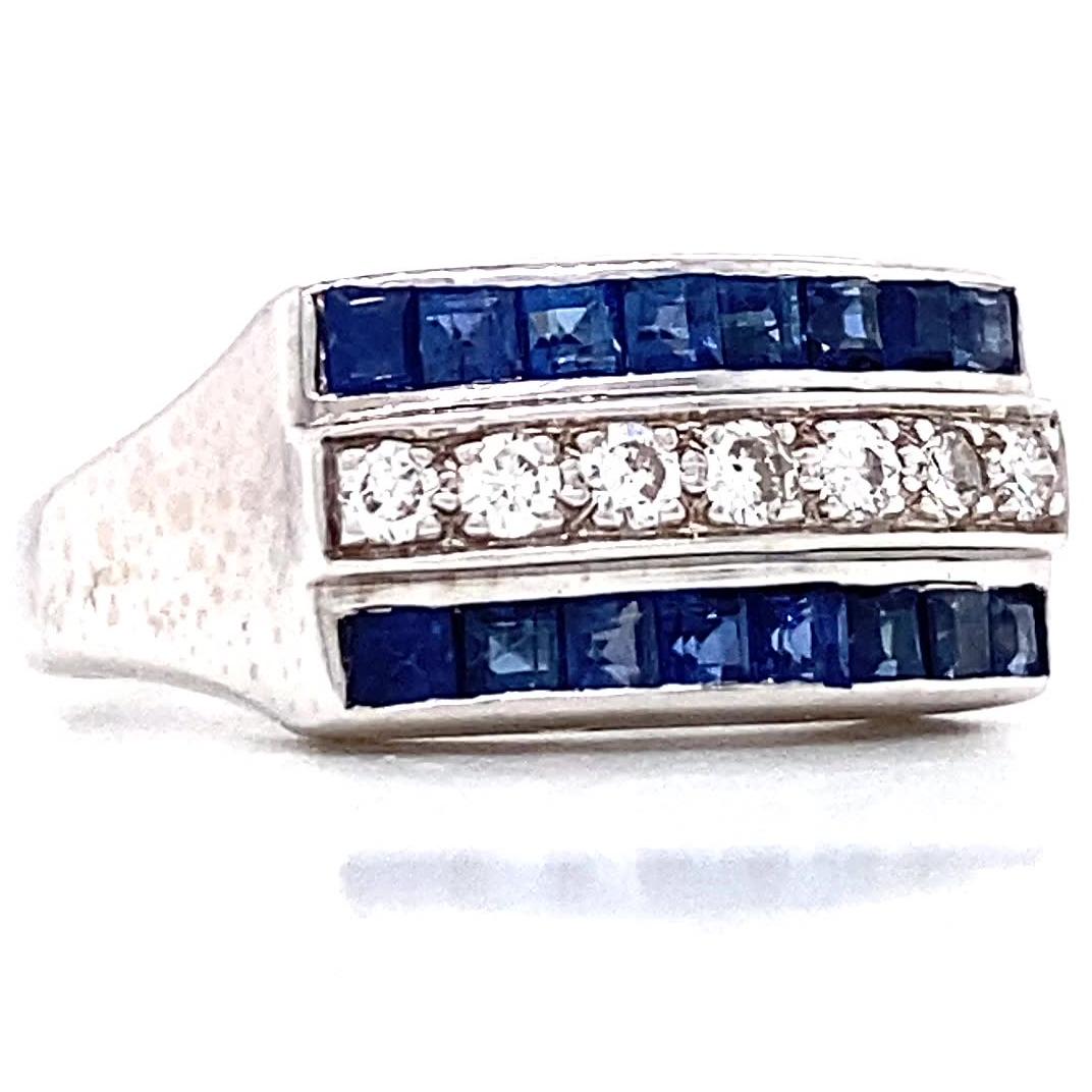 Round Cut Retro Sapphire Diamond 14 Karat White Gold Ring