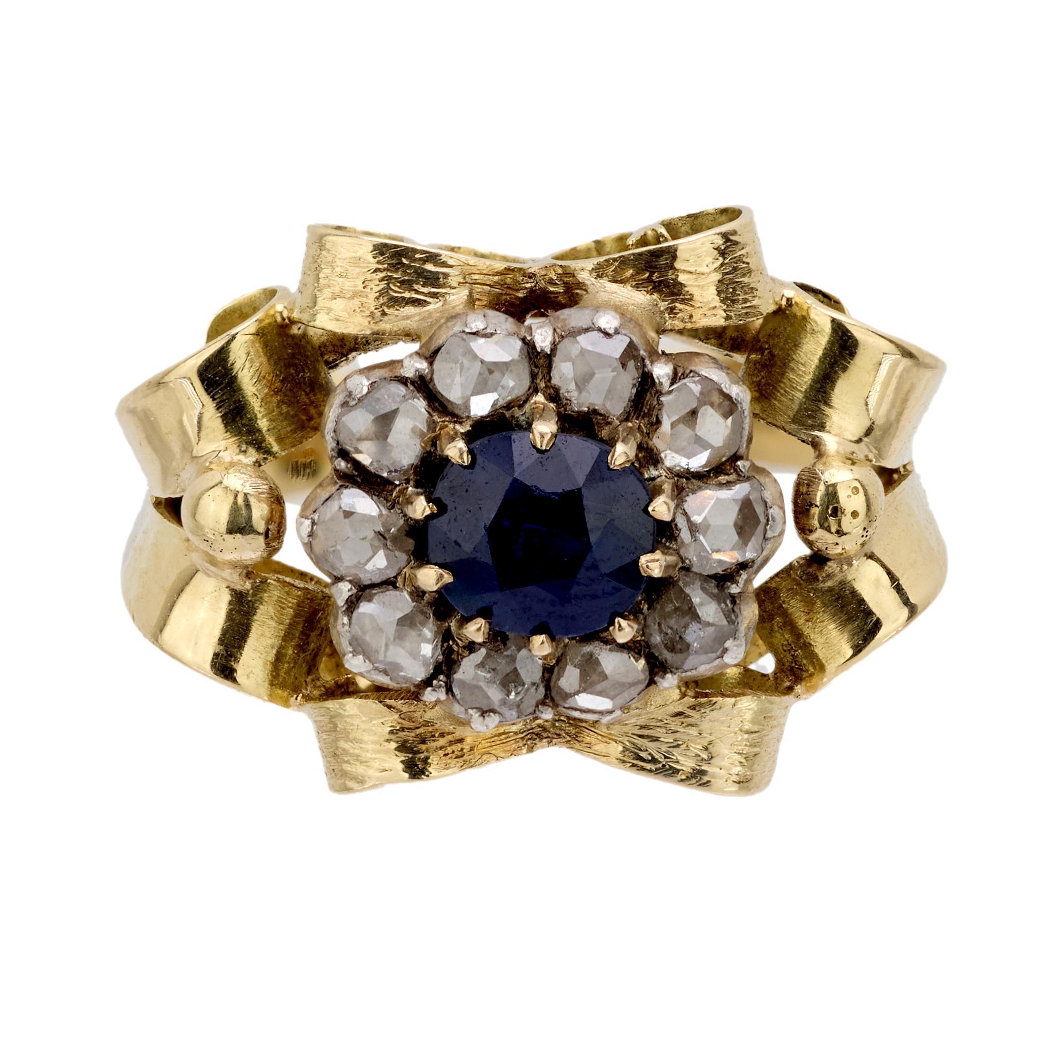 Rétro Bague rétro saphir diamant or jaune 14 carats en vente