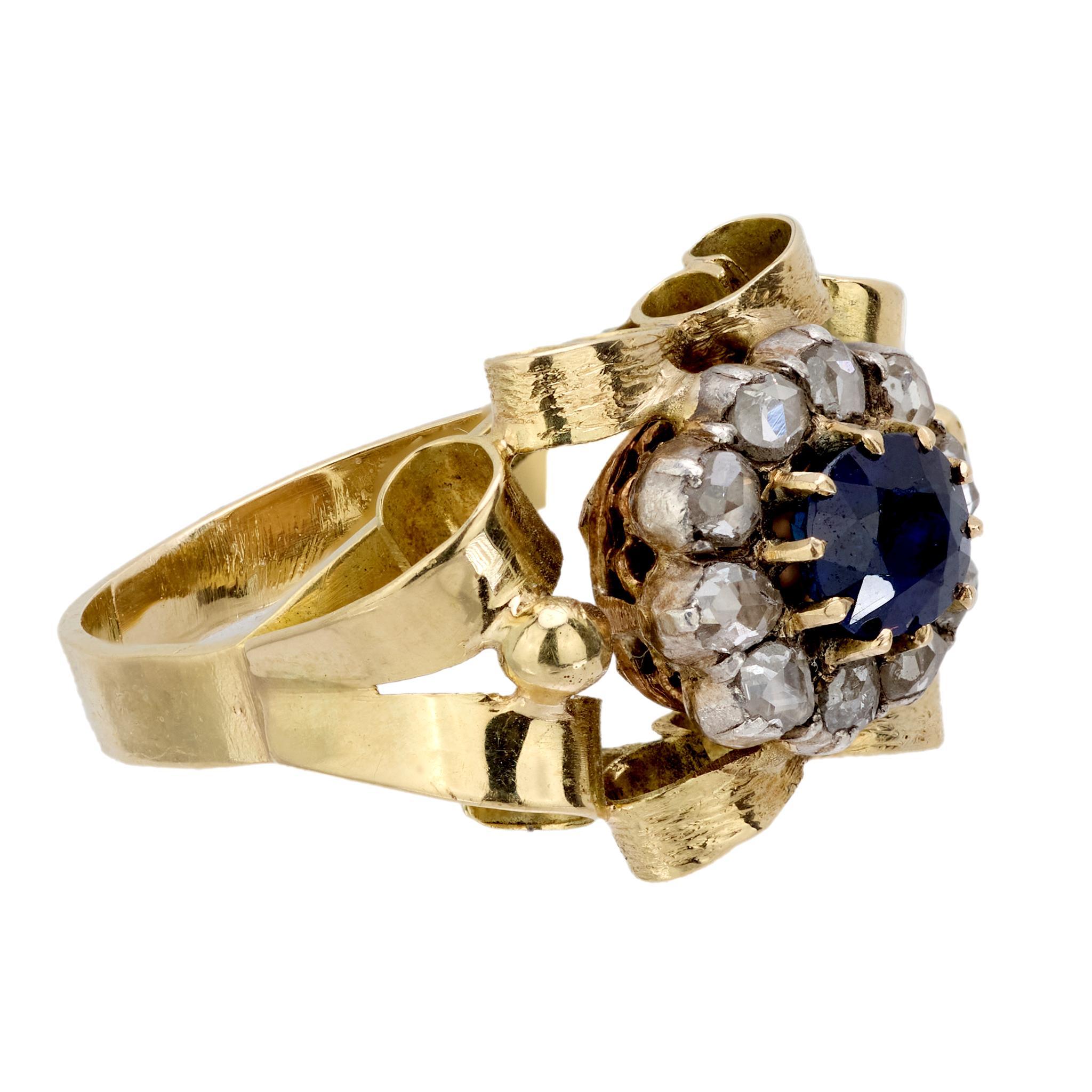 Taille ovale Bague rétro saphir diamant or jaune 14 carats en vente