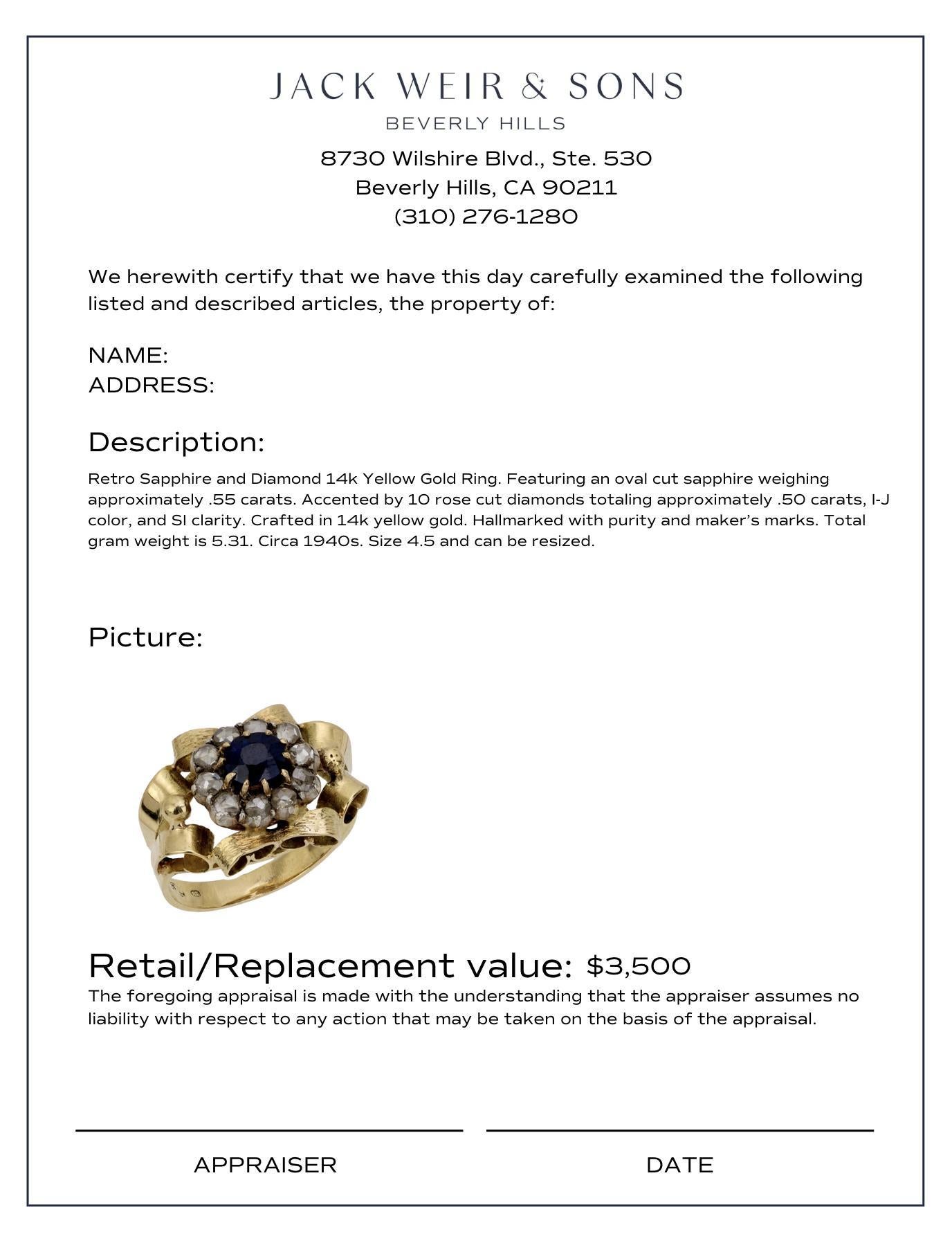 Bague rétro saphir diamant or jaune 14 carats Bon état - En vente à Beverly Hills, CA