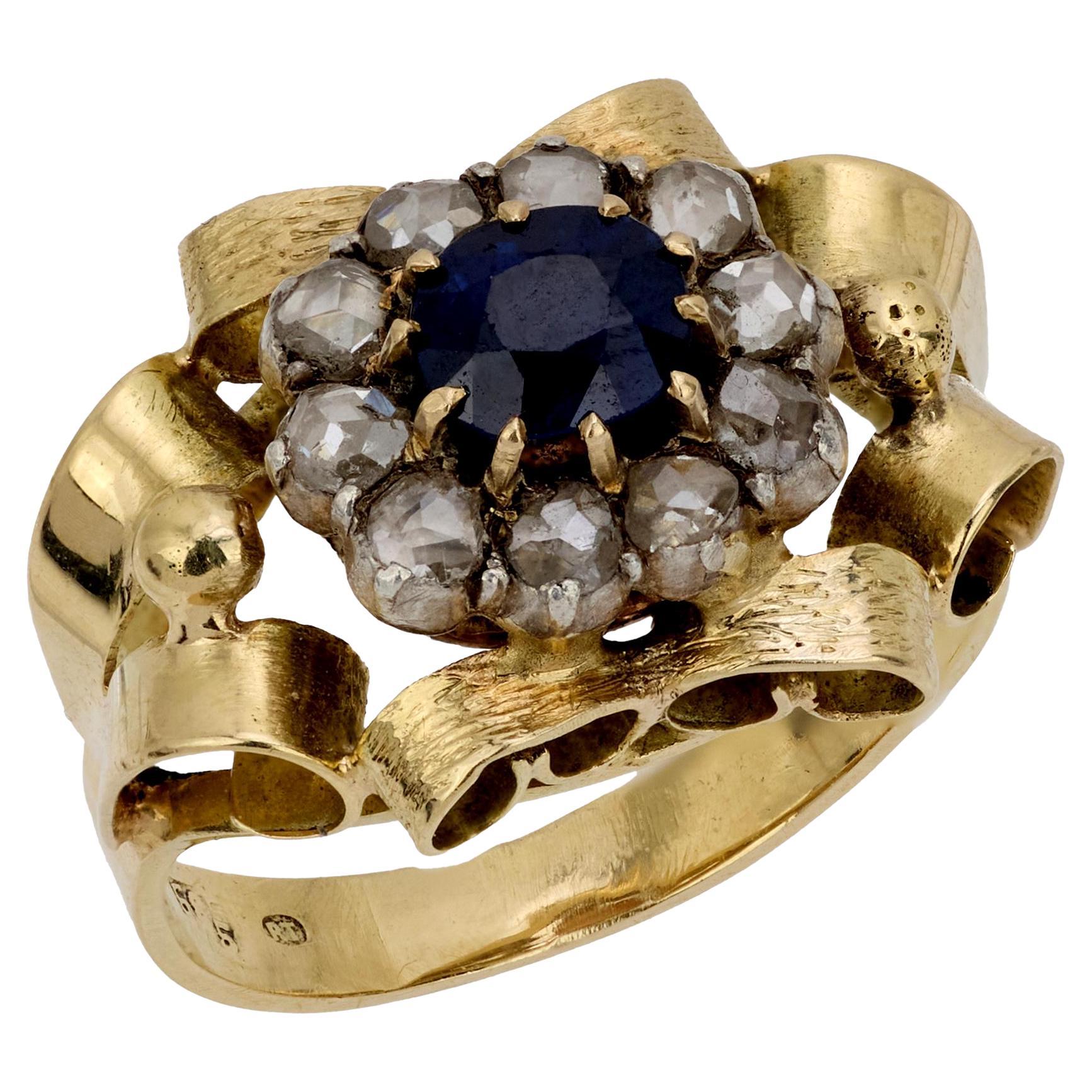 Retro sapphire diamond 14k yellow gold ring