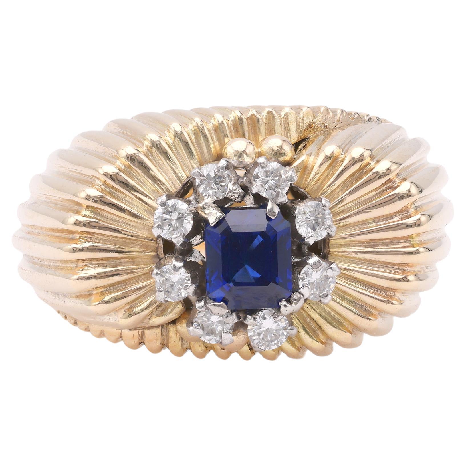 Retro Sapphire Diamond 18k Gold Ring For Sale