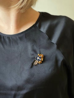 Retro Sapphire Diamond Citrine Gold Flower Brooch
