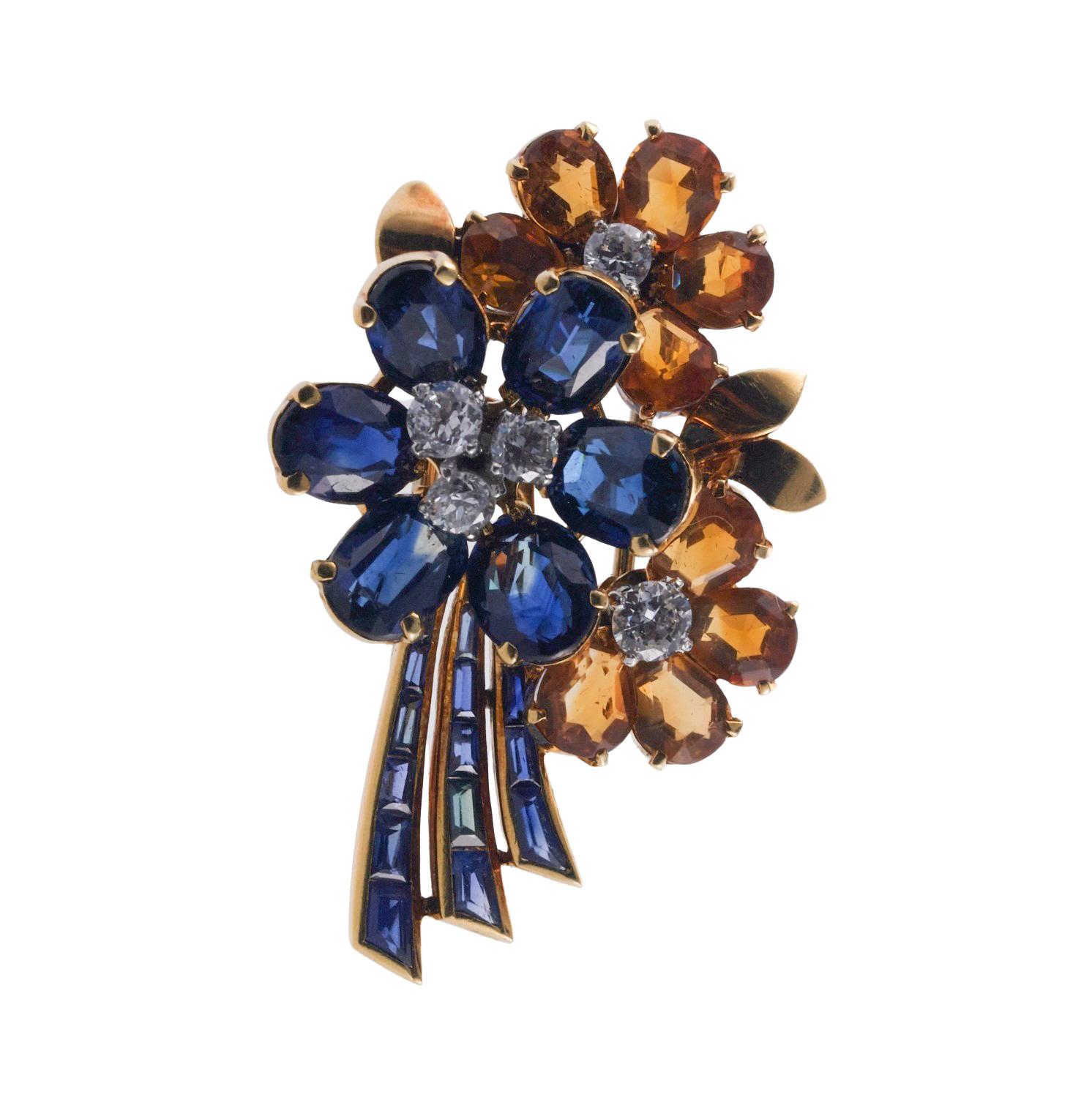 Women's Retro Sapphire Diamond Citrine Gold Flower Brooch  For Sale