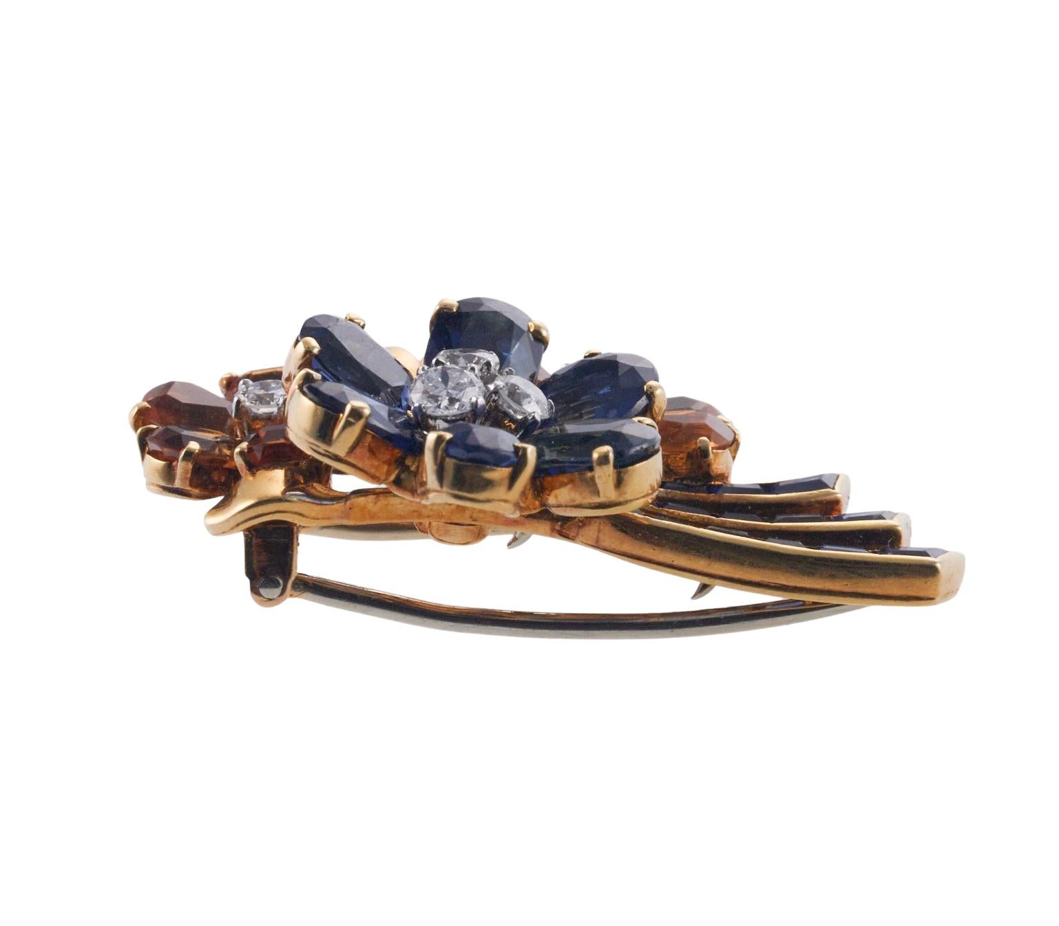 Retro Sapphire Diamond Citrine Gold Flower Brooch For Sale 1