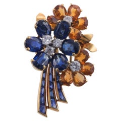 Vintage Sapphire Diamond Citrine Gold Flower Brooch 