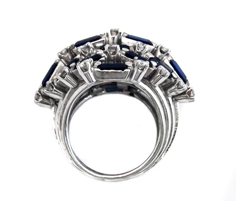 Retro Sapphire Diamond Palladium Dome Ring For Sale at 1stdibs