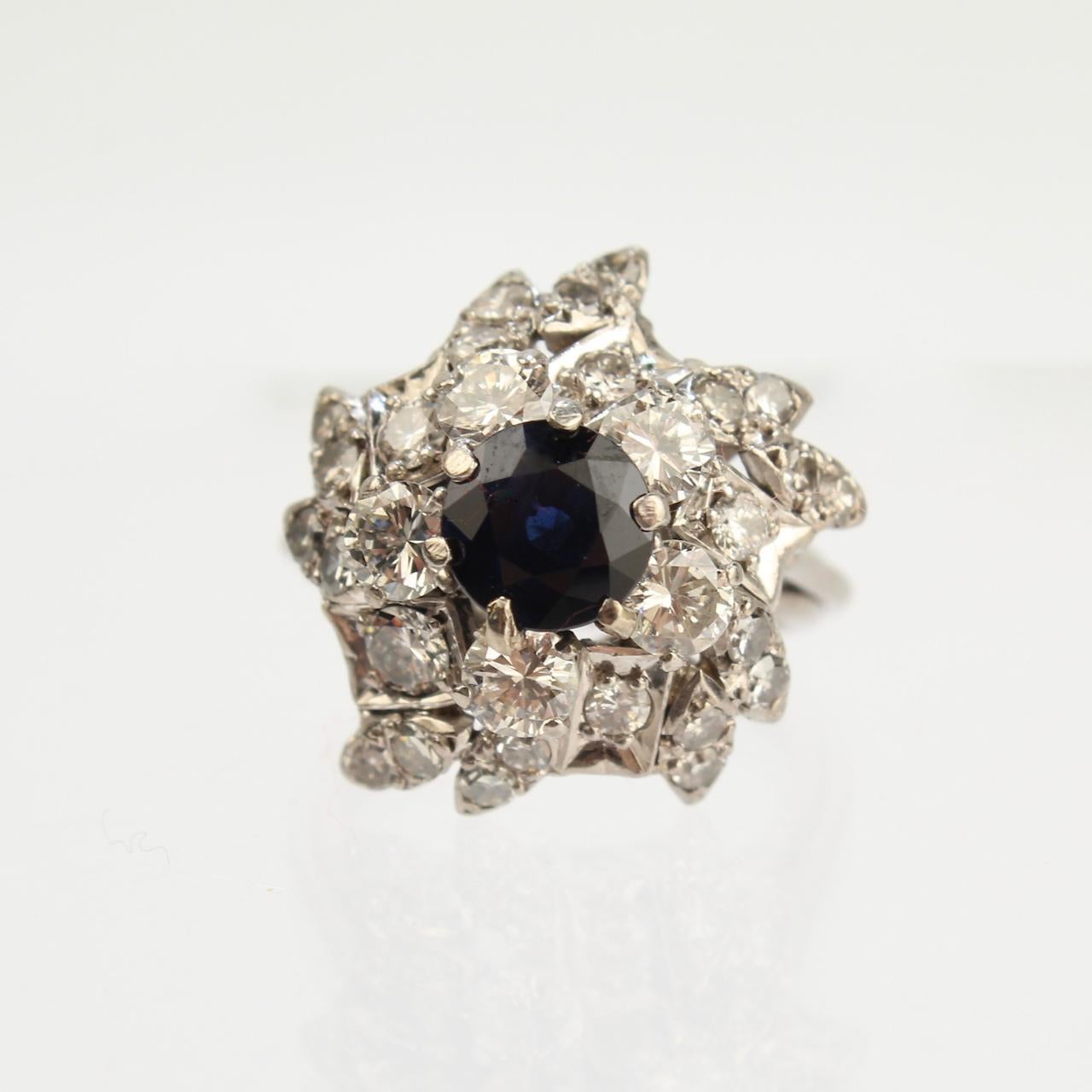 Round Cut Retro Sapphire, Diamond and Platinum Cluster Cocktail Ring For Sale
