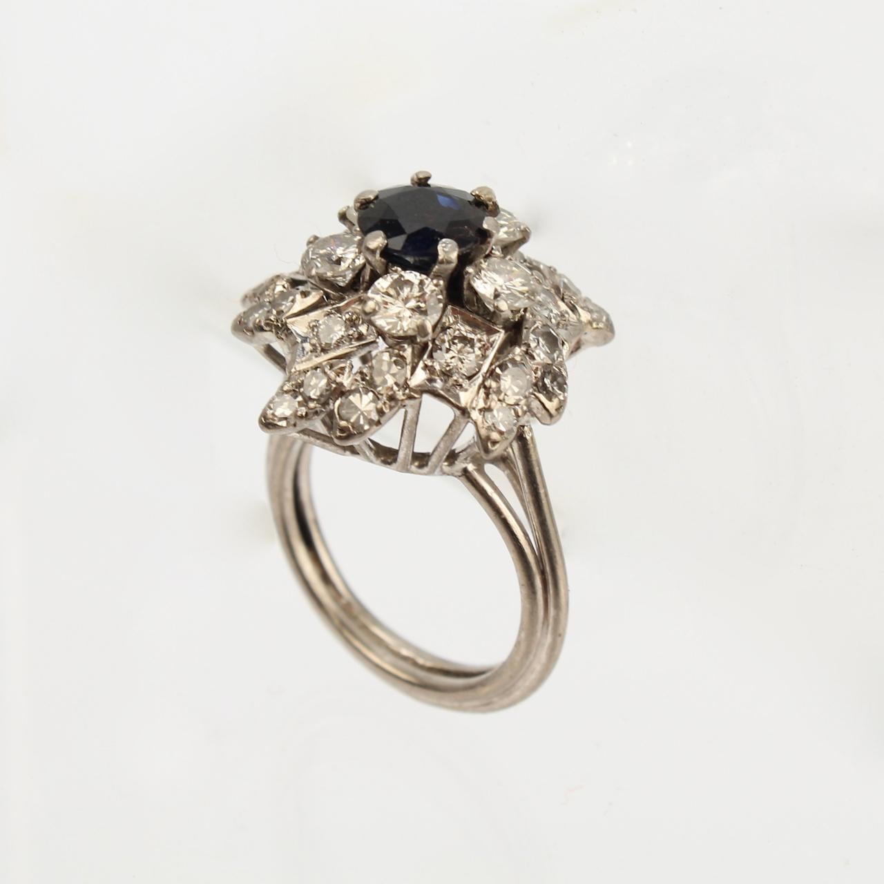 Retro Sapphire, Diamond and Platinum Cluster Cocktail Ring In Good Condition For Sale In Philadelphia, PA