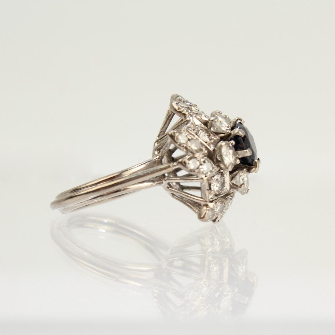 Retro Sapphire, Diamond and Platinum Cluster Cocktail Ring For Sale 2