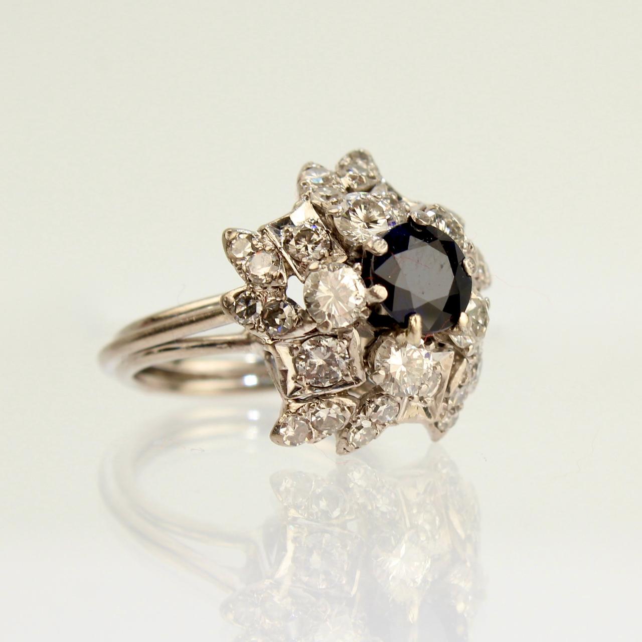 Retro Sapphire, Diamond and Platinum Cluster Cocktail Ring For Sale 3