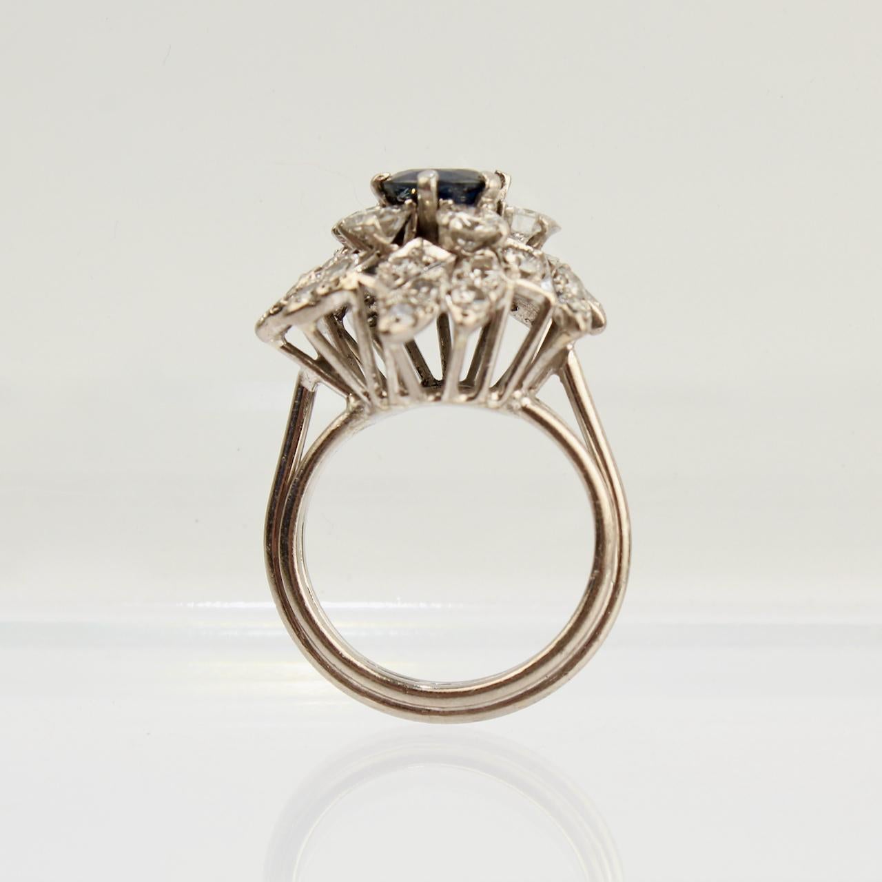 Retro Sapphire, Diamond and Platinum Cluster Cocktail Ring For Sale 4