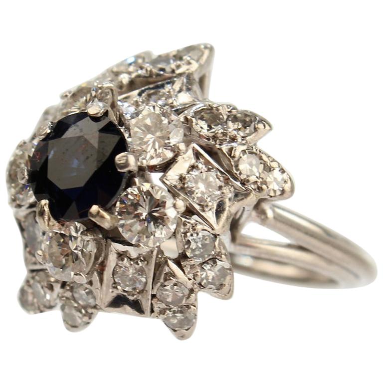 Retro Sapphire, Diamond and Platinum Cluster Cocktail Ring