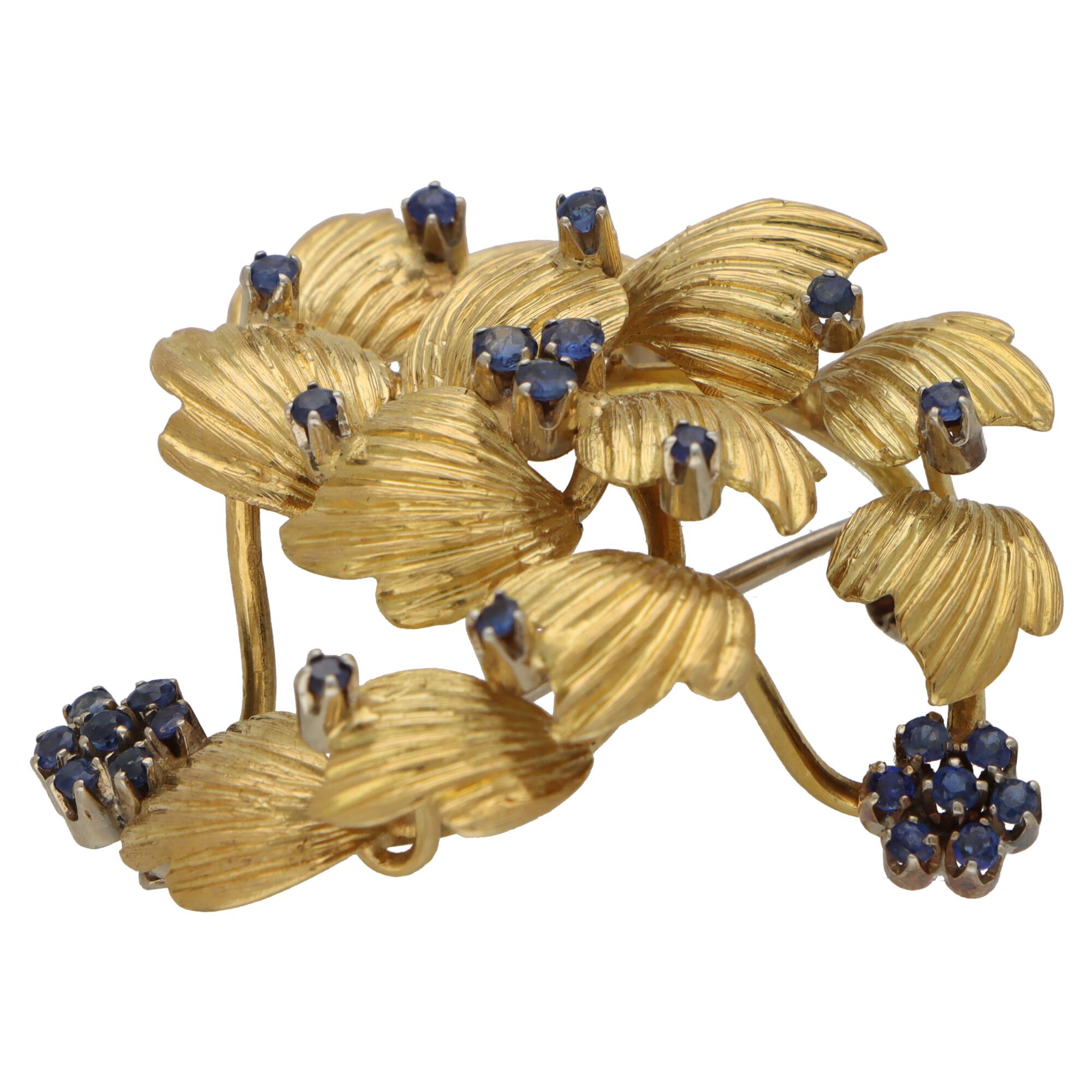 Women's or Men's Retro Sapphire Floral Swirl Brooch Set in 18k Yellow and White Gold