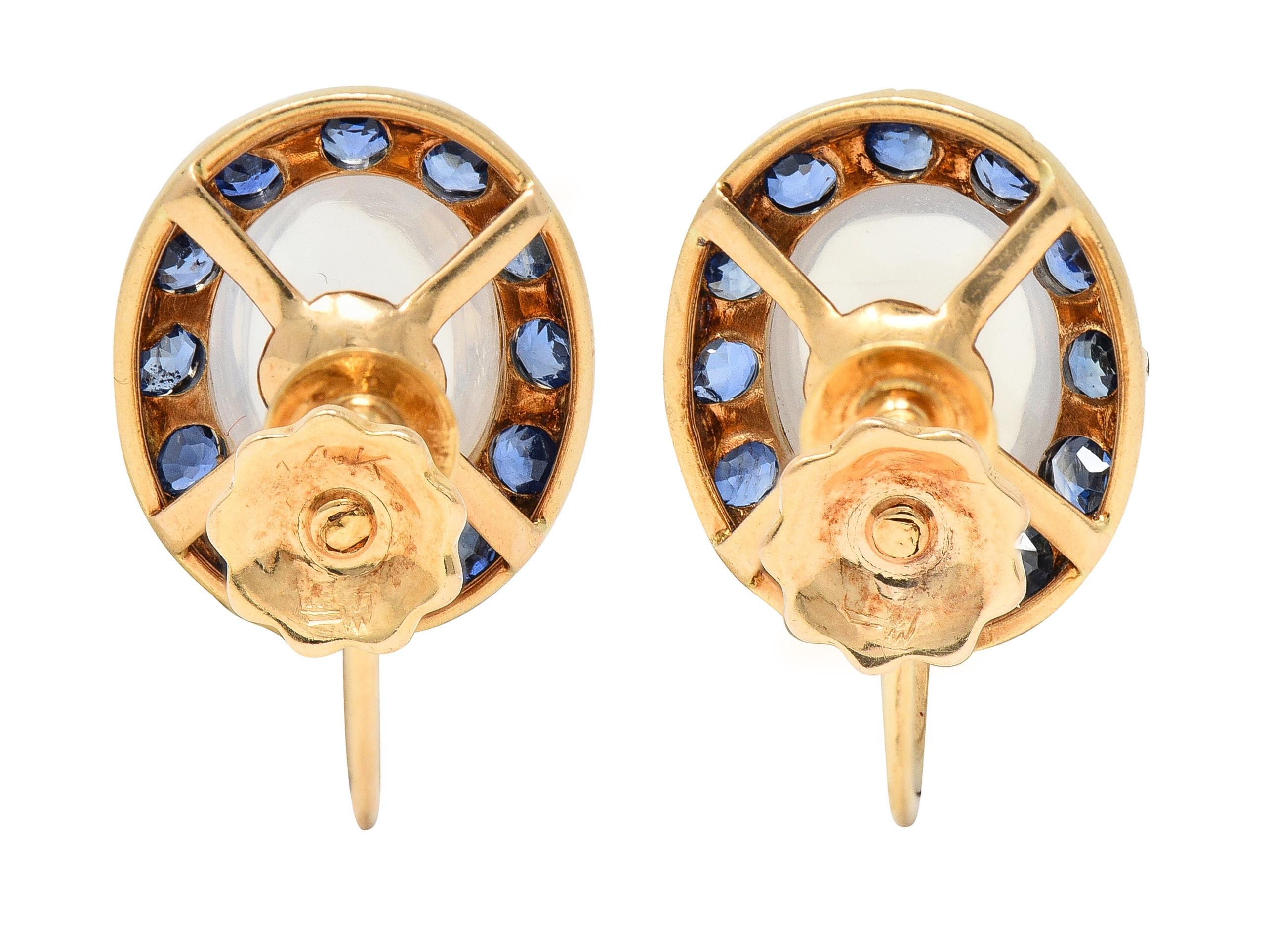 Retro Sapphire Moonstone 14 Karat Gold Vintage Screw-Back Earrings In Excellent Condition In Philadelphia, PA