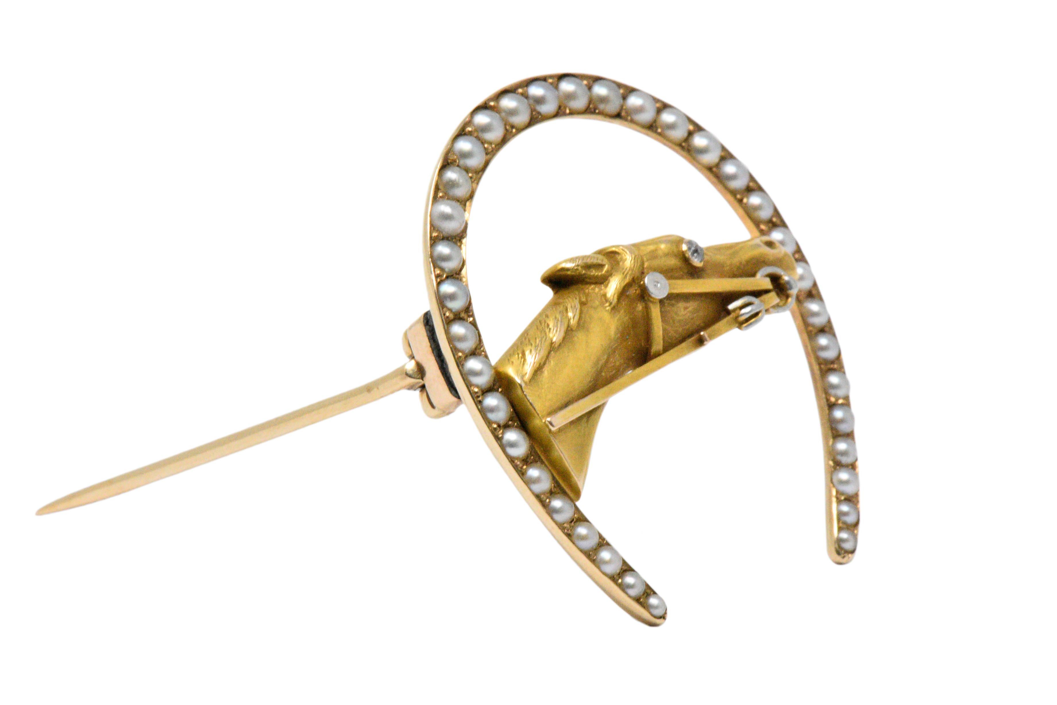 Retro Seed Pearl, Diamond and 14 Karat Gold Horseshoe Horse Brooch In Good Condition In Philadelphia, PA