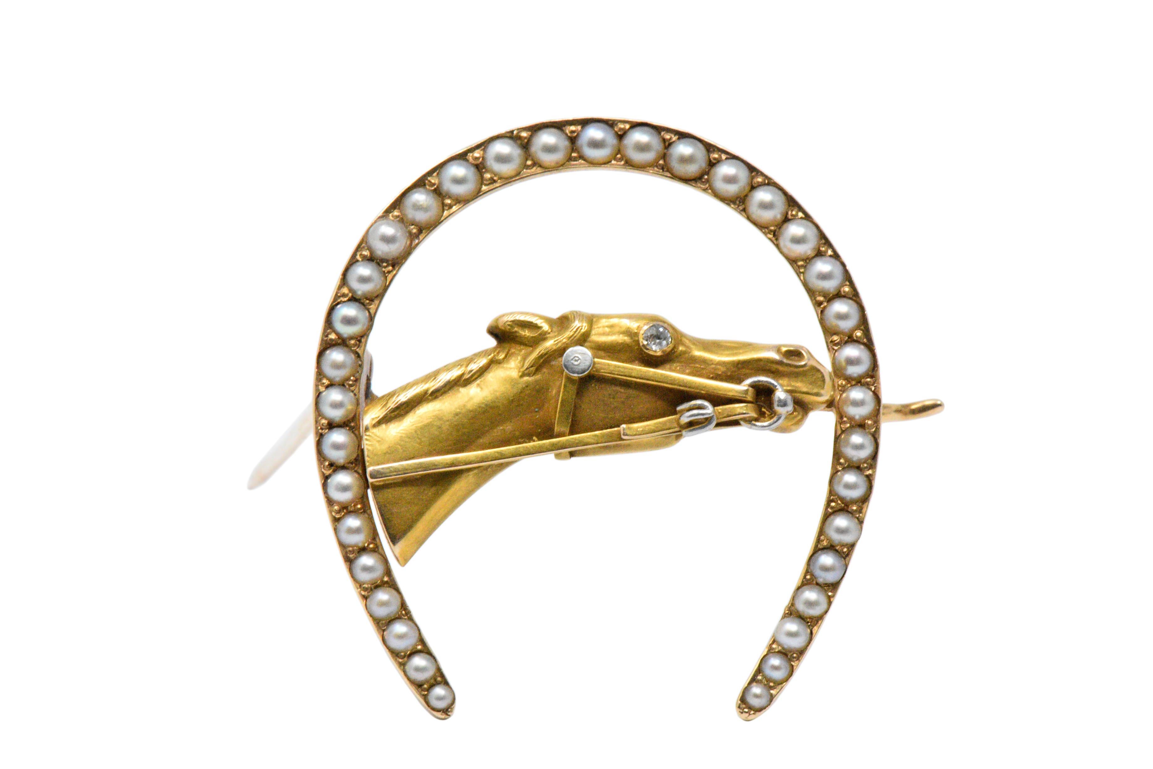 Retro Seed Pearl, Diamond and 14 Karat Gold Horseshoe Horse Brooch 1