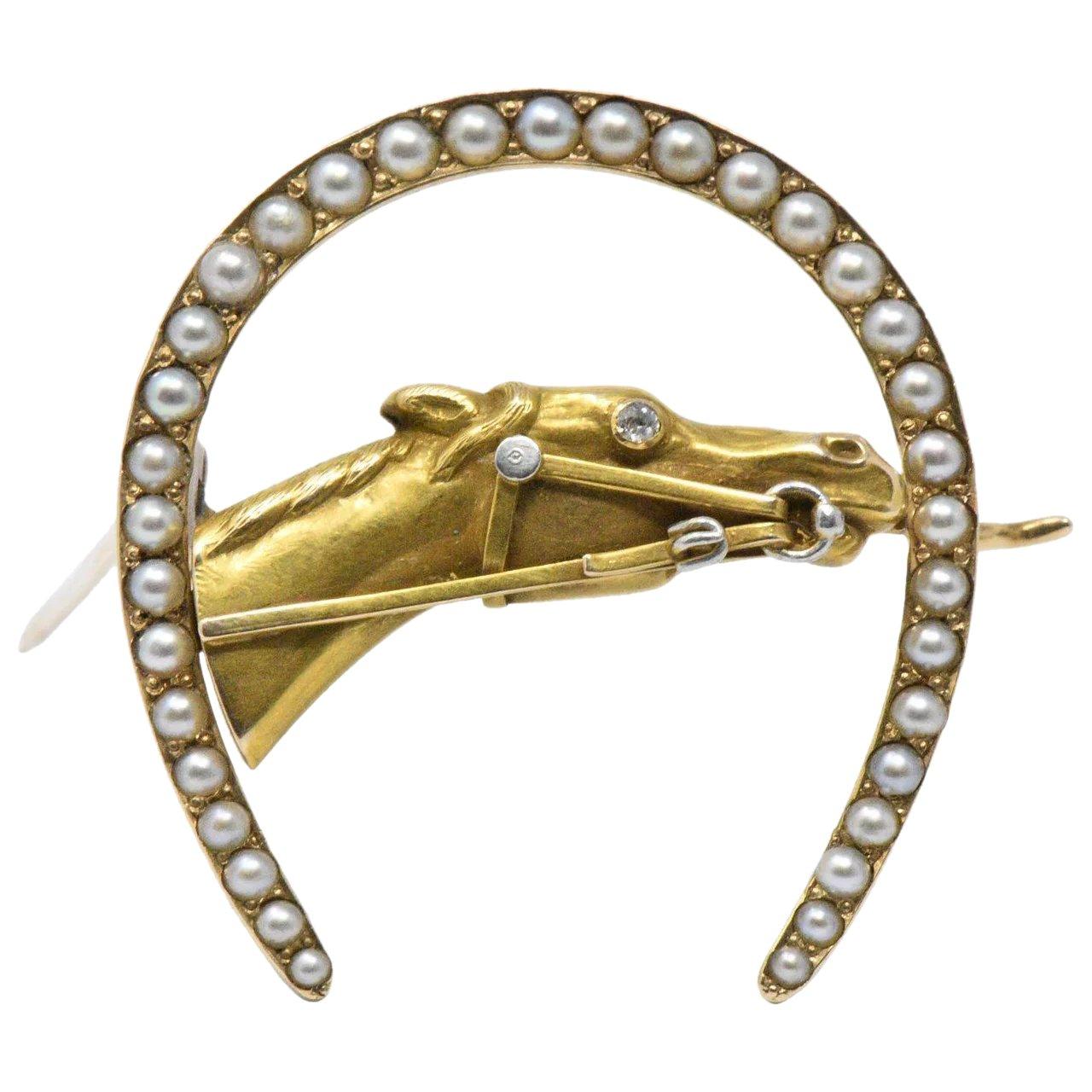 Retro Seed Pearl, Diamond and 14 Karat Gold Horseshoe Horse Brooch