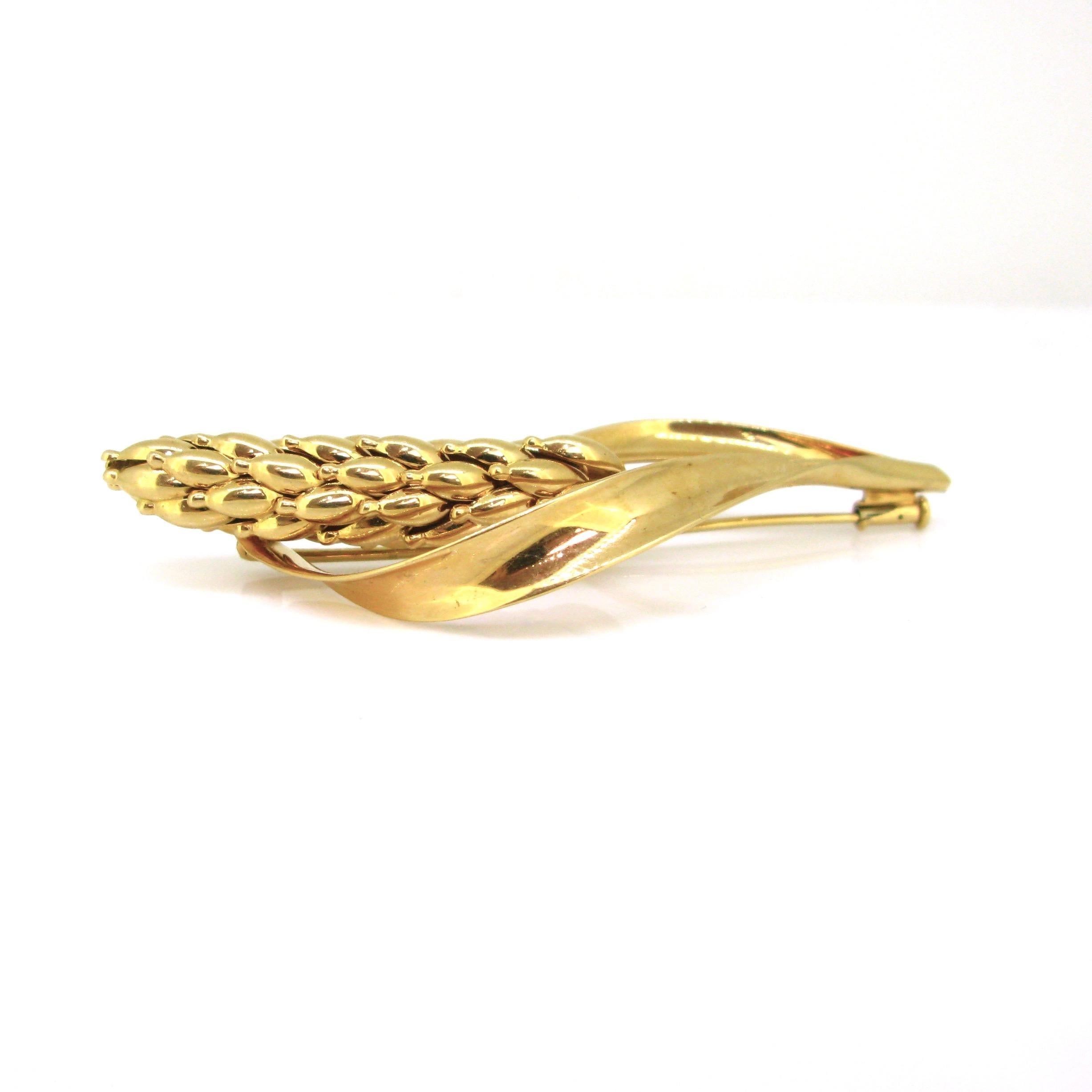 Women's or Men's Retro Sheaf of Wheat Pin Brooch by Bettetini, 18kt Yellow Gold, France, circa 19