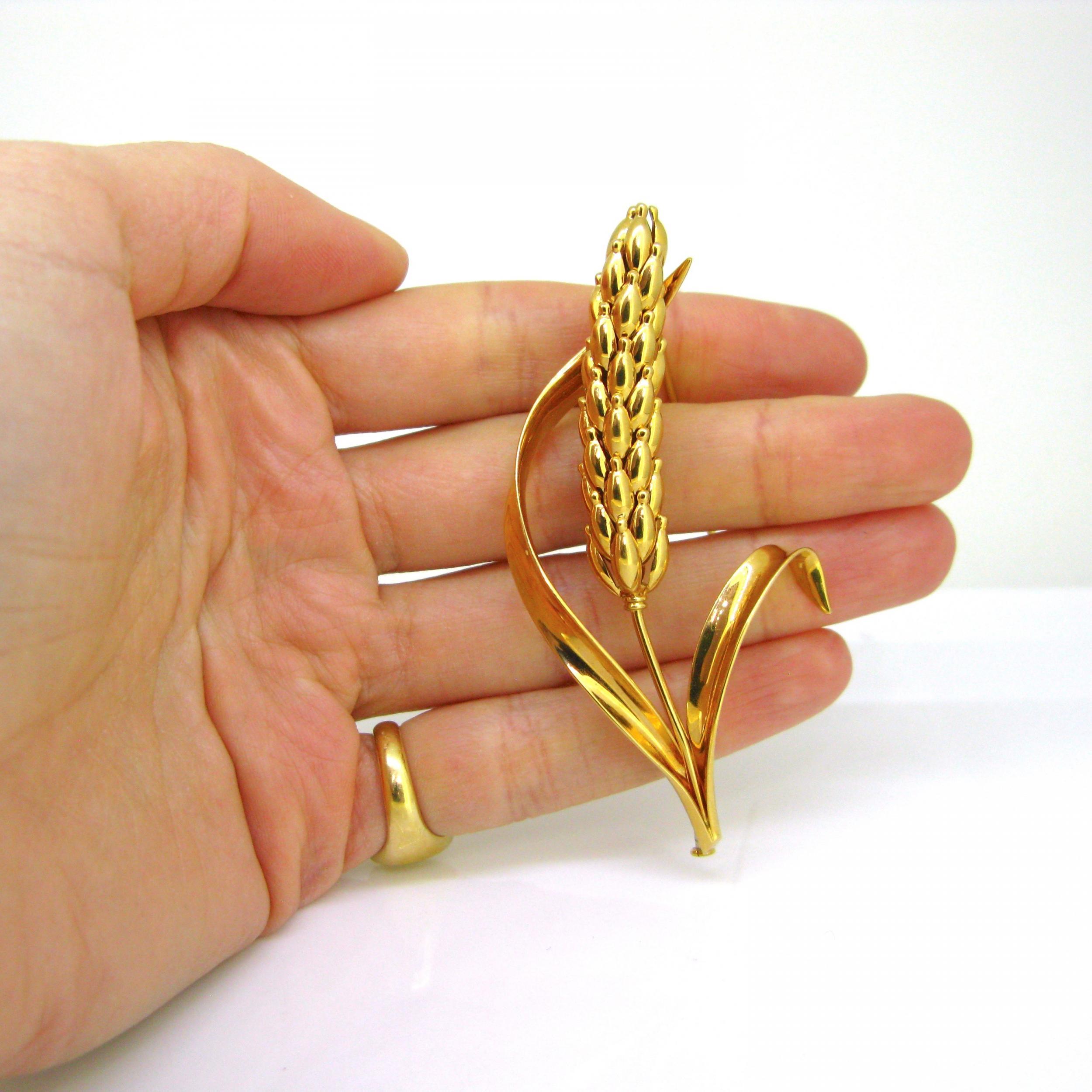 Retro Sheaf of Wheat Pin Brooch by Bettetini, 18kt Yellow Gold, France, circa 19 1